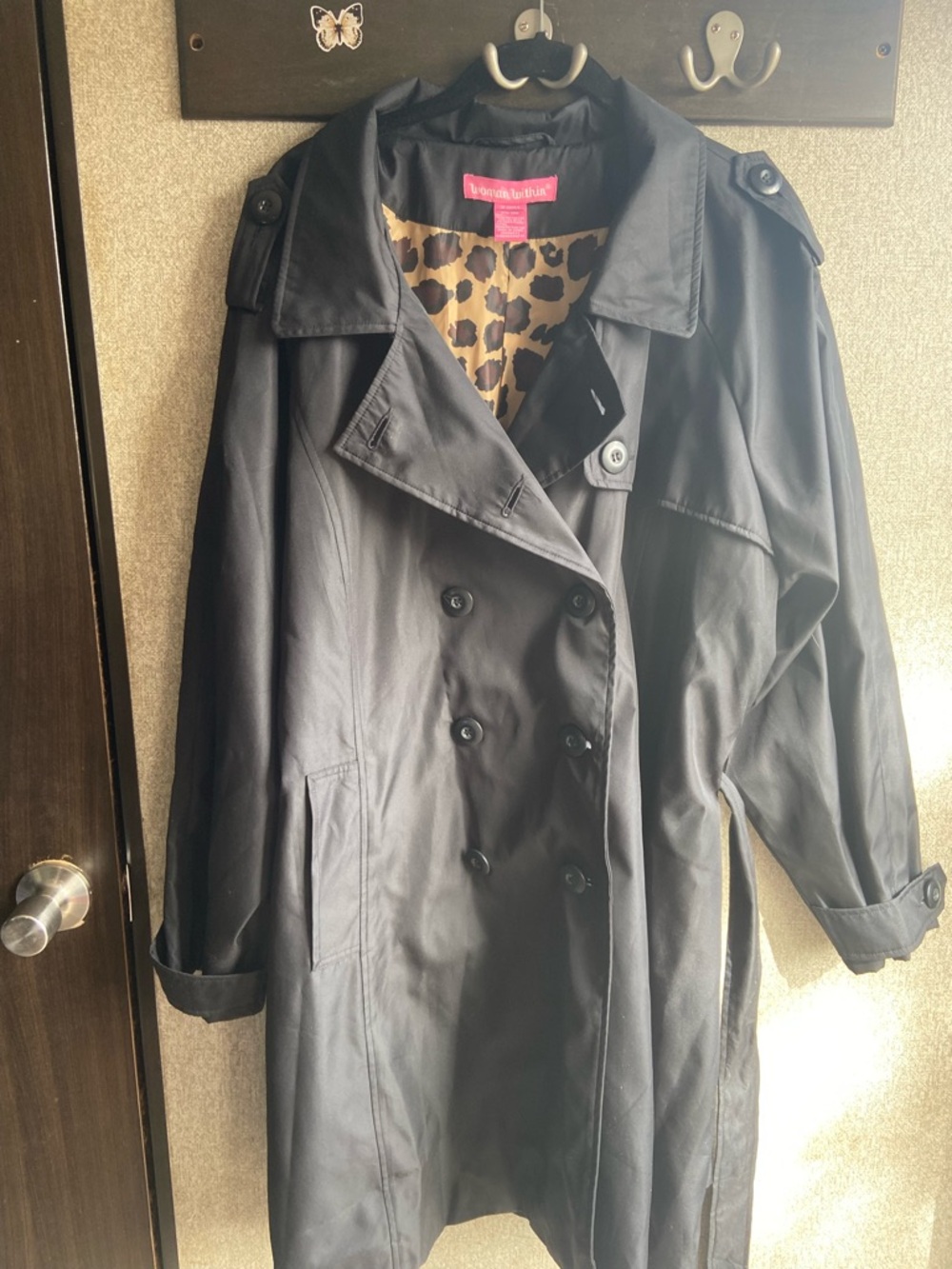 Spring jacket size 22w black woman within hooded rain jacket waist tie leopard - Picture 2 of 7
